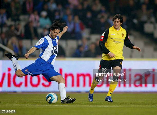 Jarque of Espanyol and Diego Milito of Zaragoza in action during the match between RCD Espanyol and Real Zaragoza, of La Liga at the Lluis Companys...