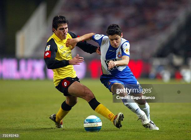 Julian of Espanyol and Zapater of Zaragoza in action during the match between RCD Espanyol and Real Zaragoza, of La Liga at the Lluis Companys...