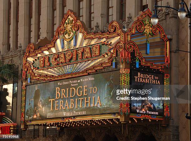 The marquee announces the premiere of Walt Disney's Bridge To Terabithia at the El Capitan Theater February 3, 2007 in Hollywood, California.