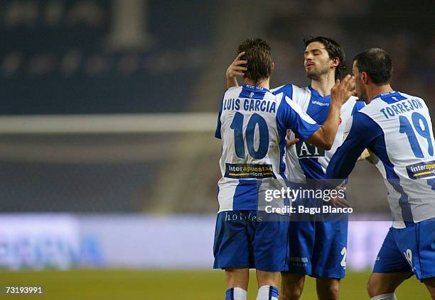 Luis Garcia, Jarque and Marc Torrejon of Espanyol cellebratd Luis Garcia's goal during the match between RCD Espanyol and Real Zaragoza, of La Liga...