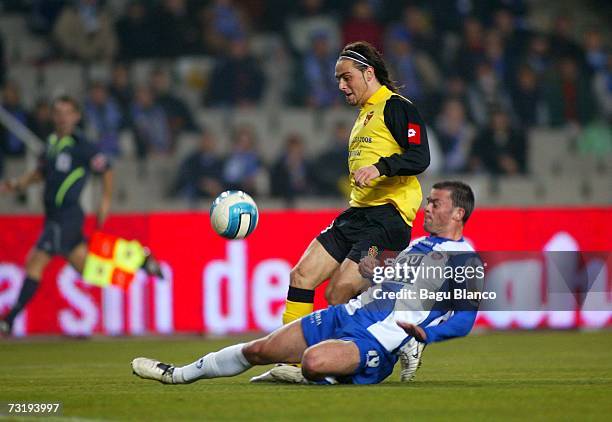 Sergio Garcia of Zaragoza and Marc Torrejon of Espanyol in action during the match between RCD Espanyol and Real Zaragoza, of La Liga at the Lluis...