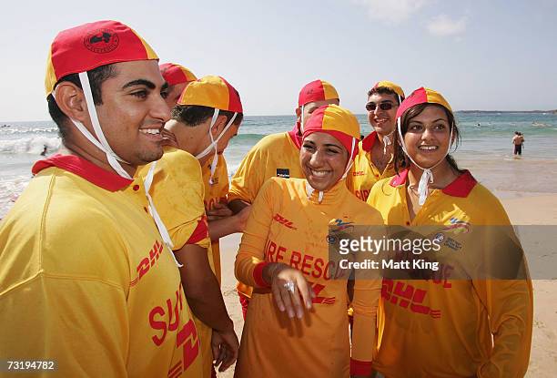 Mecca Laa Laa wears a 'Burqini' on her first surf lifesaving patrol at North Cronulla Beach February 4, 2007 in Sydney, Australia. The red and yellow...