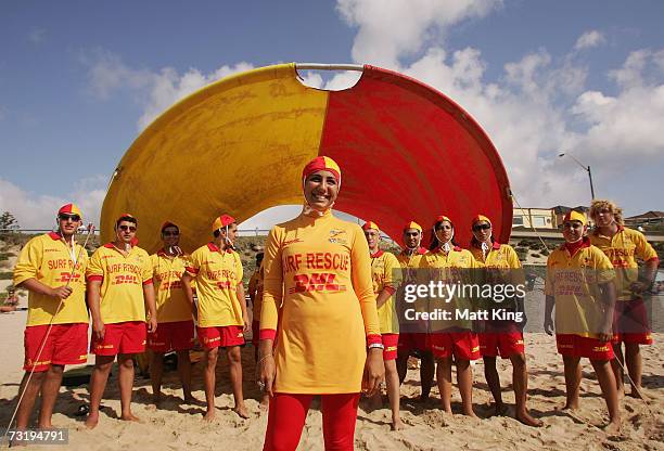 Mecca Laa Laa wears a 'Burqini' on her first surf lifesaving patrol at North Cronulla Beach February 4, 2007 in Sydney, Australia. The red and yellow...