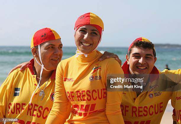 Mecca Laa Laa wears a 'Burqini' on her first surf lifesaving patrol at North Cronulla Beach February 4, 2007 in Sydney, Australia. The red and yellow...