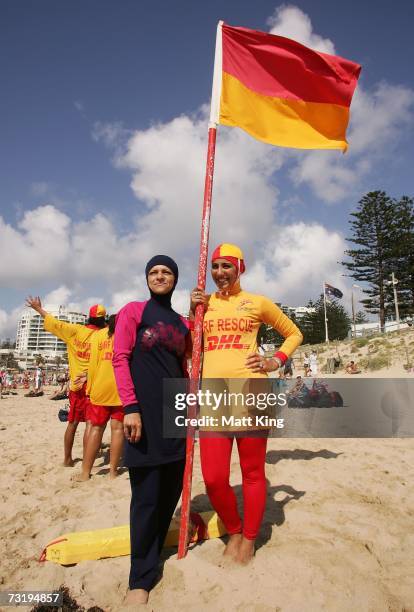 Burqini designer Aheda Zanetti poses with Mecca Laa Laa wearing a 'Burqini' on her first surf lifesaving patrol at North Cronulla Beach February 4,...