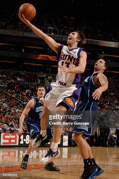 Steve Nash of the Phoenix Suns drives for a layup against the Utah Jazz in an NBA game played on February 3 at U.S. Airways Center in Phoenix,...