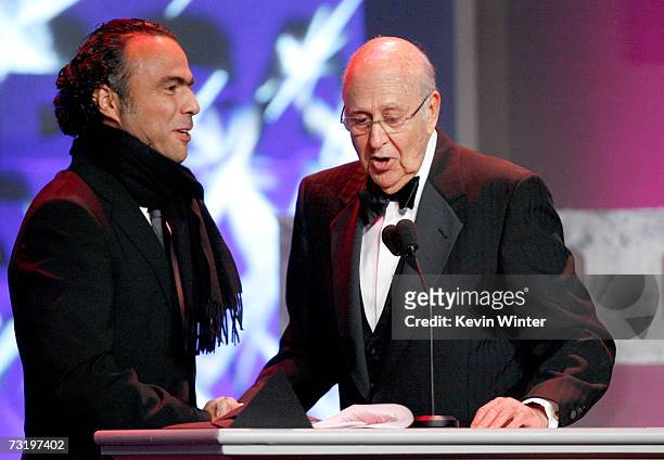 Director Alejandro Gonzalez Inarritu with host Carl Reiner presents "Babel" onstage during the 59th annual Directors Guild Of America Awards held at...