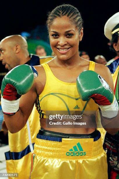 Lalia Ali of USA poses after defeating Gwendolyn O'Neil of Guyana during the WBC/WIBA Super Middleweight World Title bout between Lalia Ali and...