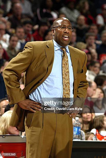 Head Coach Mike Brown of the Cleveland Cavaliers directs his team from the sidelines as the face the Detroit Pistons on February 04, 2007 at The...