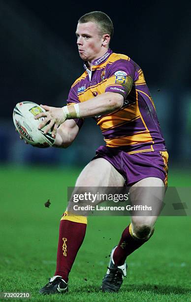 Kevin Brown of Huddersfield is seen with a ball in action during the Engage Super League match between Huddersfield Giants and St Helens at the...