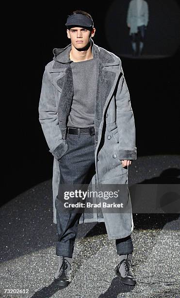 Model walks the runway at the Z Zegna Fall 2007 fashion show during Mercedes-Benz Fashion Week at the Cunard Building February 4, 2007 in New York...