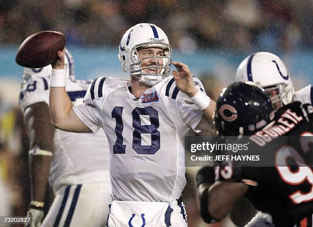 Indianapolis Colts quarterback Peyton Manning looks to pass in first half action against the Chicago Bears 04 February 2007 during Super Bowl XLI at...