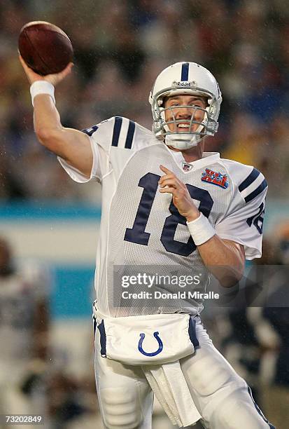 Quarterback Peyton Manning of the Indianapolis Colts passes the ball during the second quarter of Super Bowl XLI against the Chicago Bears defense on...