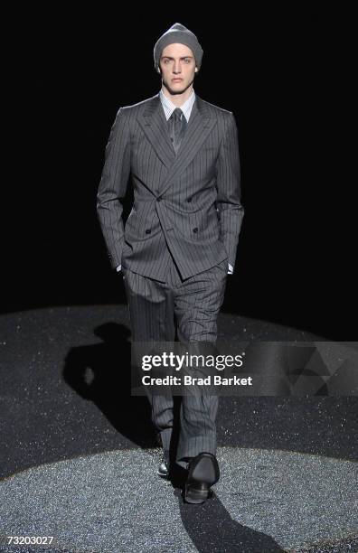 Model walks the runway at the Z Zegna Fall 2007 fashion show during Mercedes-Benz Fashion Week at the Cunard Building February 4, 2007 in New York...