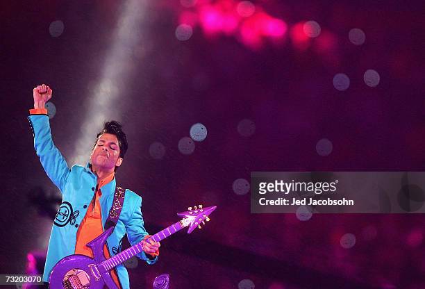 Musician Prince performs during the "Pepsi Halftime Show" at Super Bowl XLI between the Indianapolis Colts and the Chicago Bears on February 4, 2007...