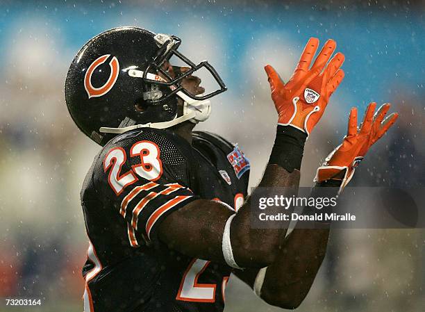 Kick returner Devin Hester of the Chicago Bears looks to catch the kickoff against the Indianapolis Colts in the first quarter of Super Bowl XLI on...