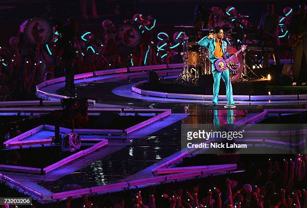 Prince performs during the "Pepsi Halftime Show" at Super Bowl XLI between the Indianapolis Colts and the Chicago Bears on February 4, 2007 at...