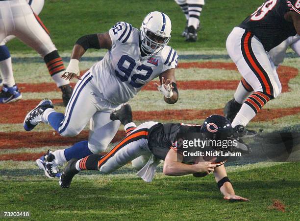 Rex Grossman of the Chicago Bears is sacked by Anthony McFarland of the Indianapolis Colts during the third quarter of Super Bowl XLI on February 4,...