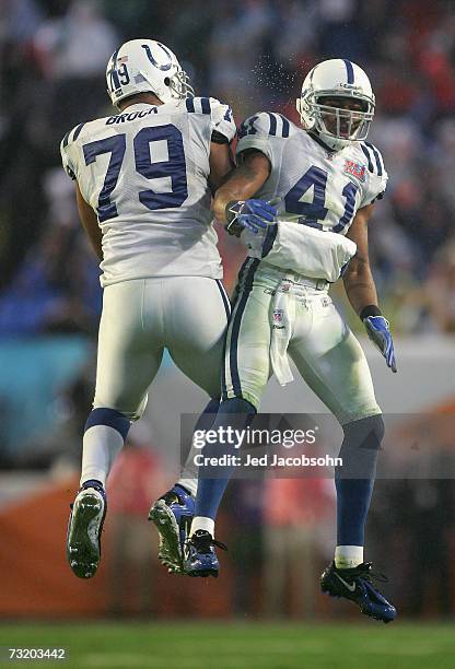 Safety Antoine Bethea and Raheem Brock of the Indianapolis Colts celebrate a turnover against the Chicago Bears during Super Bowl XLI on February 4,...