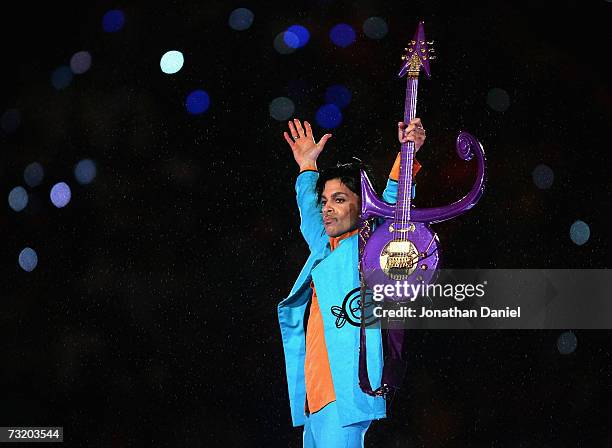 Prince performs during the "Pepsi Halftime Show" at Super Bowl XLI between the Indianapolis Colts and the Chicago Bears on February 4, 2007 at...