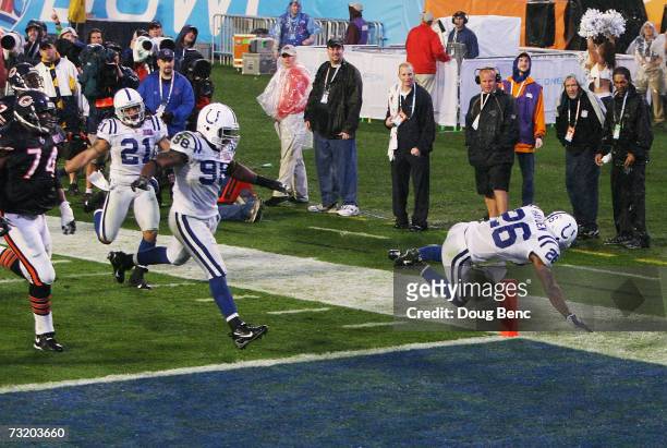 Cornerback Kelvin Hayden of the Indianapolis Colts crosses the goaline after returning an interception for a 56-yard touchdown against the Chicago...