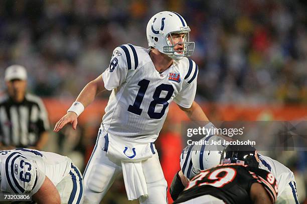 Quarterback Peyton Manning of the Indianapolis Colts calls a play to his team in Super Bowl XLI against the Chicago Bears on February 4, 2007 at...