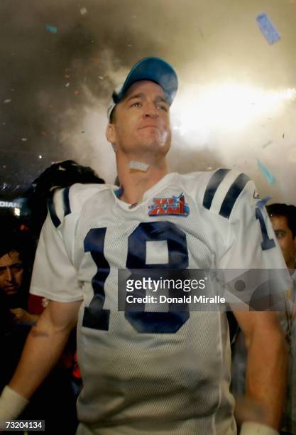 Quarterback Peyton Manning of the Indianapolis Colts celebrates winning the Super Bowl XLI with the score of 29-17 over the Chicago Bears on February...
