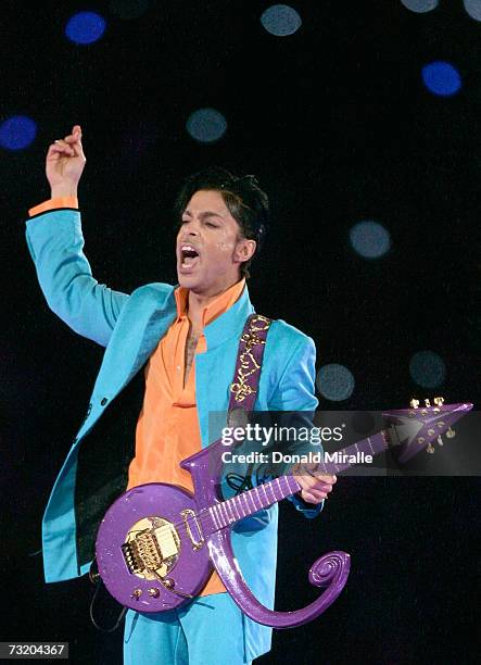 Prince performs during the "Pepsi Halftime Show" at Super Bowl XLI between the Indianapolis Colts and the Chicago Bears on February 4, 2007 at...