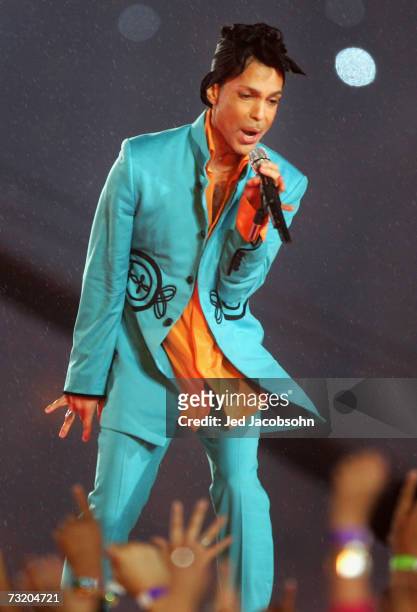 Prince performs during the "Pepsi Halftime Show" at Super Bowl XLI between the Indianapolis Colts and the Chicago Bears on February 4, 2007 at...