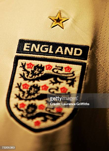 The Three Lion Crest on the New England Shirt during a Kit Launch at the Royal Exchange Theatre on February 5, 2007 in Manchester, England.