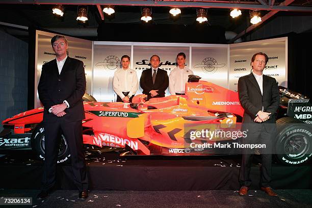 Spyker F1 drivers Adrian Sutil of Germany and Christijan Albers of the Nederlands CEO and Victor Muller owner of Spyker cars at the launch of the new...