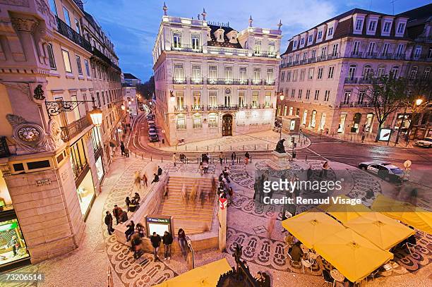 europe, portugal, lisbon, rua garrett at night, elevated view - lisbon stock pictures, royalty-free photos & images
