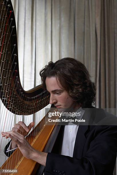 man playing harp, side view - harp stockfoto's en -beelden