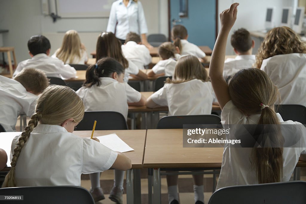 Girl (8-10) raising hand in classroom, rear view