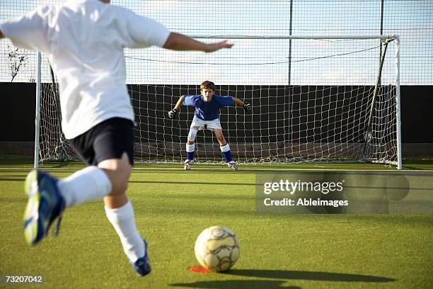 boy (9-11) kicking soccer ball at goal, rear view - goalkeeper soccer stockfoto's en -beelden