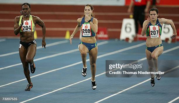 LaVerne Jones of the US territory Virgin Island, Sina Schielke of Germany and Verena Sailer of Germany competes for the 60m run during the Sparkassen...