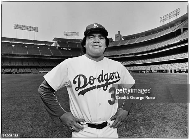 Los Angeles Dodgers pitching star, Fernando Valenzuela, poses during a 1981 Los Angeles, California, photo portrait session at Dodger Stadium.