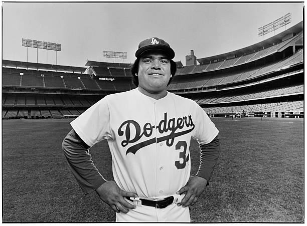 Los Angeles Dodgers pitching star, Fernando Valenzuela, poses during a 1981 Los Angeles, California, photo portrait session at Dodger Stadium.