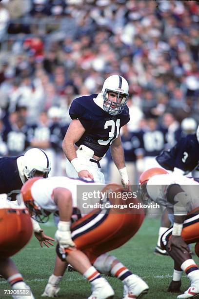 Linebacker Shane Conlan of the Penn State University Nittany Lions in action during a game at Beaver Stadium in October 1986 in State College,...