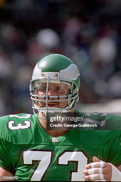 Offensive lineman Ron Heller of the Philadelphia Eagles on the sideline during a game against the New Orleans Saints at Veterans Stadium on October...