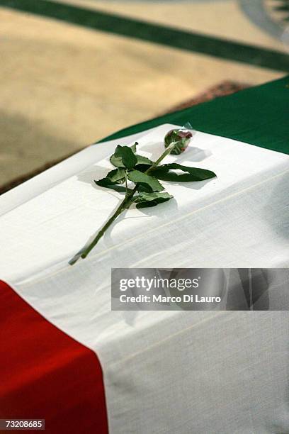 The coffin of murdered Police officer Filippo Raciti at his funeral on February 4, 2007 in Catania, Italy. Raciti died of his injuries received...