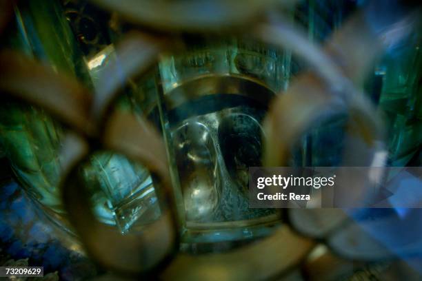 Close-up view of the small shrine Maqam Ibrahim, which legend states, holds a stone which retains the permanent footprint of the prophet Abraham, in...