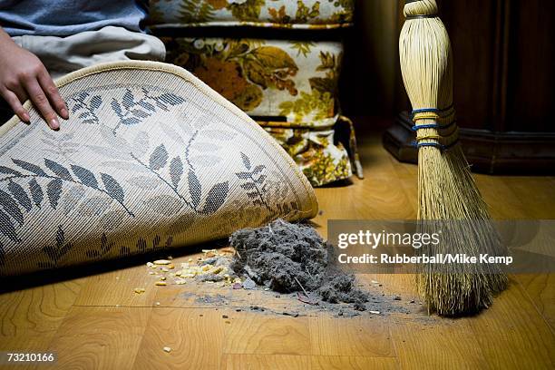 sweeping dirt under rug - kids mess carpet stock pictures, royalty-free photos & images