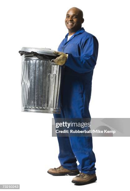 garbage man with trash cans - smiling garbage collector stock pictures, royalty-free photos & images