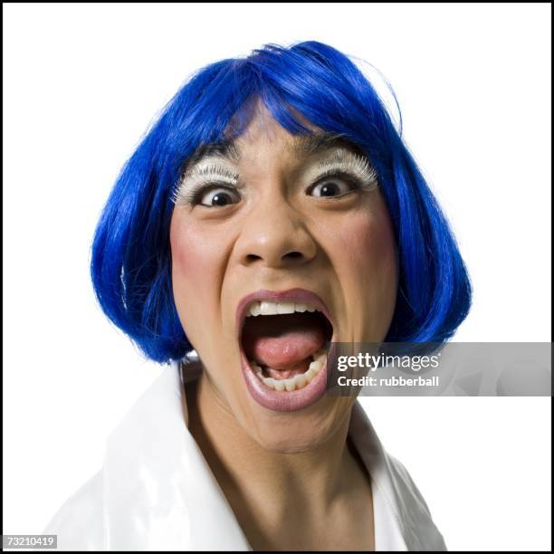 Man With Blue Wig And Makeup Yelling, Foto de stock