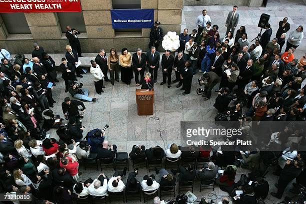 Sen. Hillary Clinton speaks February 5, 2007 at Bellevue Hospital Center in New York City. Clinton and Sen. Charles Schumer held a press conference...