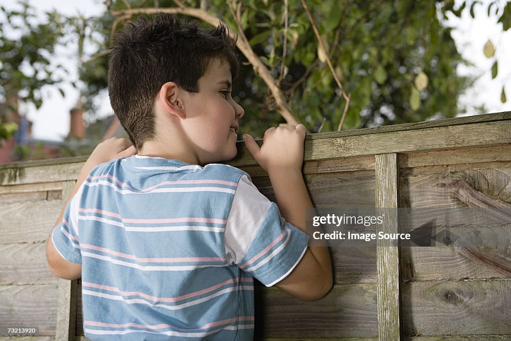 Boy looking over fence