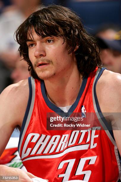 Adam Morrison of the Charlotte Bobcats watches the game against the Golden State Warriors on January 27, 2007 at Oracle Arena in Oakland, California....