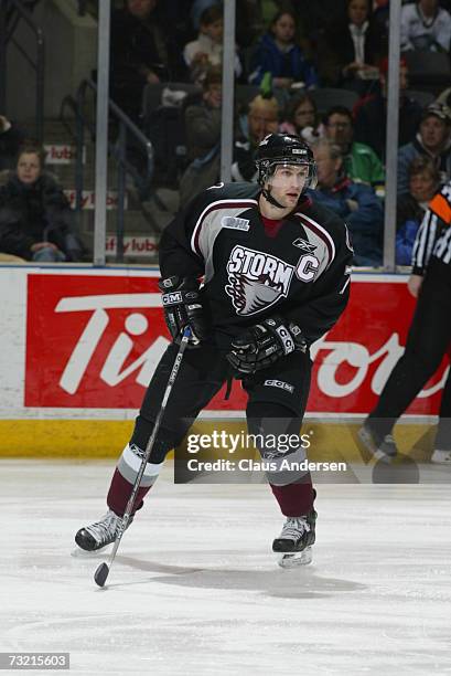 Ryan Parent of the Guelph Storm skates in game against the London Knights played at the John Labatt Centre on February 1, 2007 in London, Ontario,...