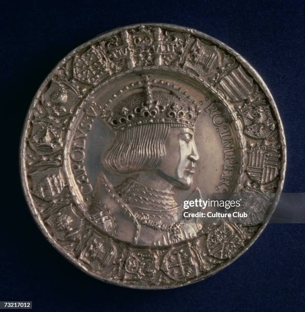 Coin bearing the portrait of Charles V Holy Roman Emperor and King of Spain as Charles I , founder of the Habsburg Dynasty